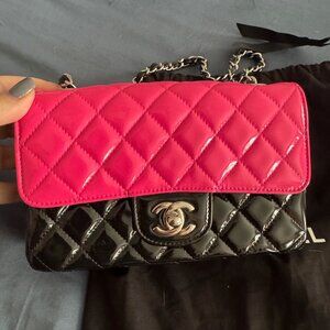Chanel Patent Calfskin Quilted Bi-Color Mini Rectangular Flap Pink Black